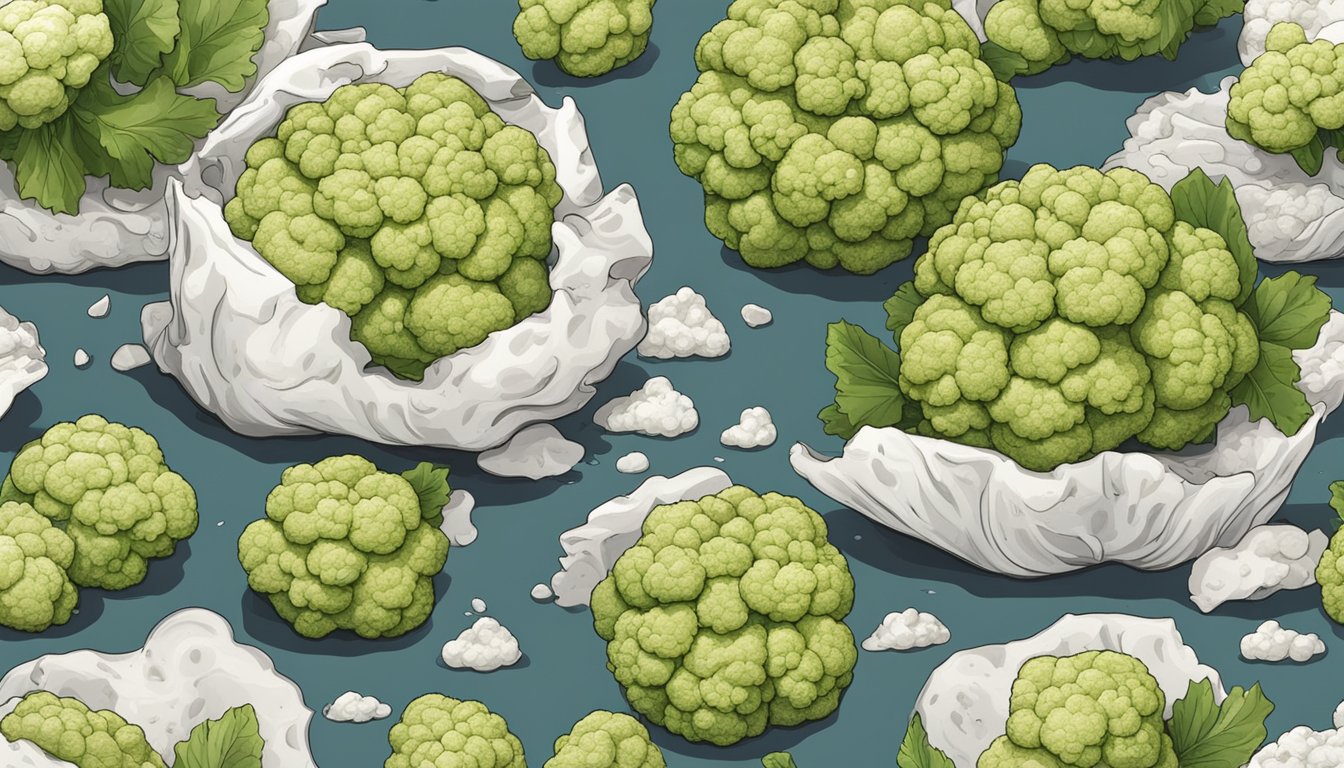 A pile of moldy cauliflower steaks on a kitchen counter, surrounded by fruit flies