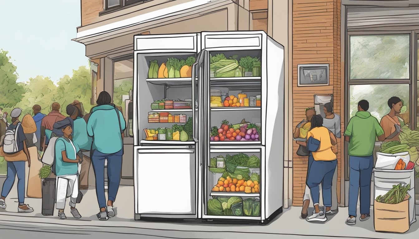 A bustling community fridge in Alexandria, VA, filled with fresh produce, canned goods, and other essential items, as people come and go, contributing to the local neighborhood