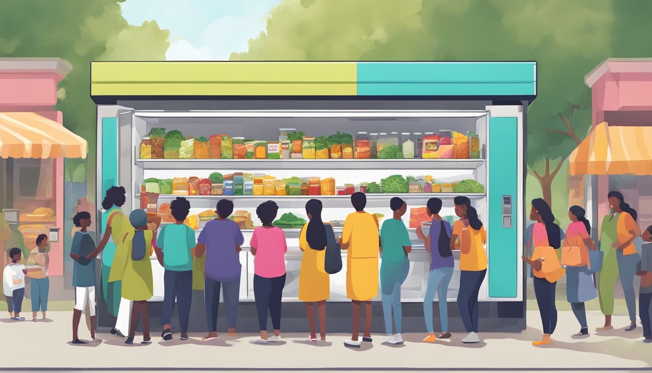 A brightly colored local community fridge surrounded by people donating and taking food items