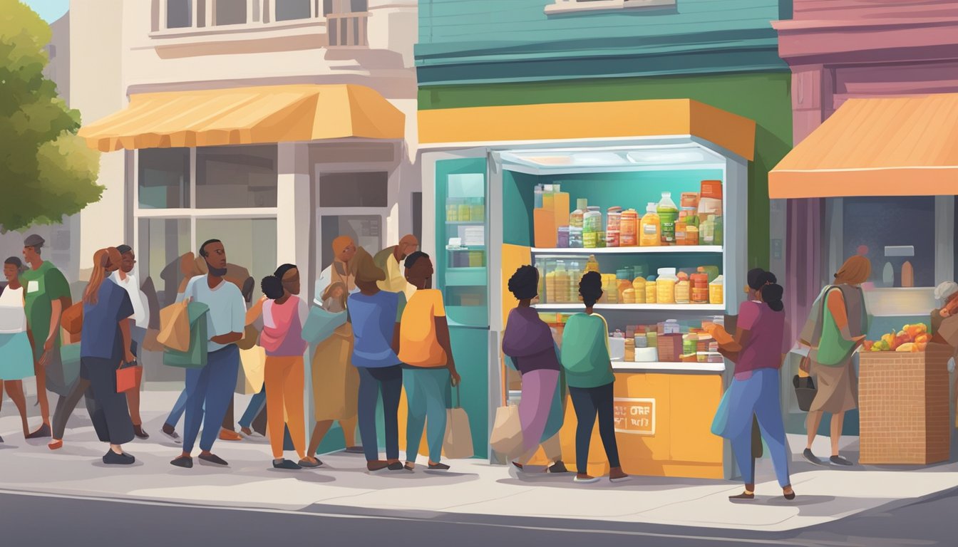 A bustling street corner with a colorful, well-stocked community fridge surrounded by diverse individuals donating and taking food items