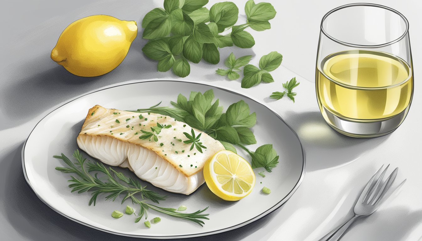 A plate of gluten-free cod fillets with fresh herbs and a lemon wedge, alongside a glass of white wine