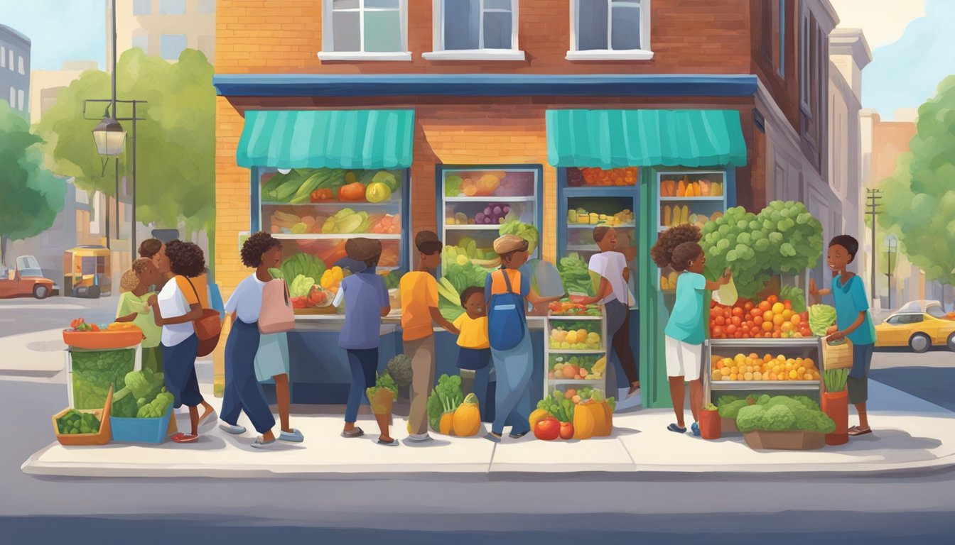 A bustling street corner with a colorful, decorated community fridge filled with fresh produce and canned goods. People of all ages and backgrounds come and go, exchanging items and sharing smiles