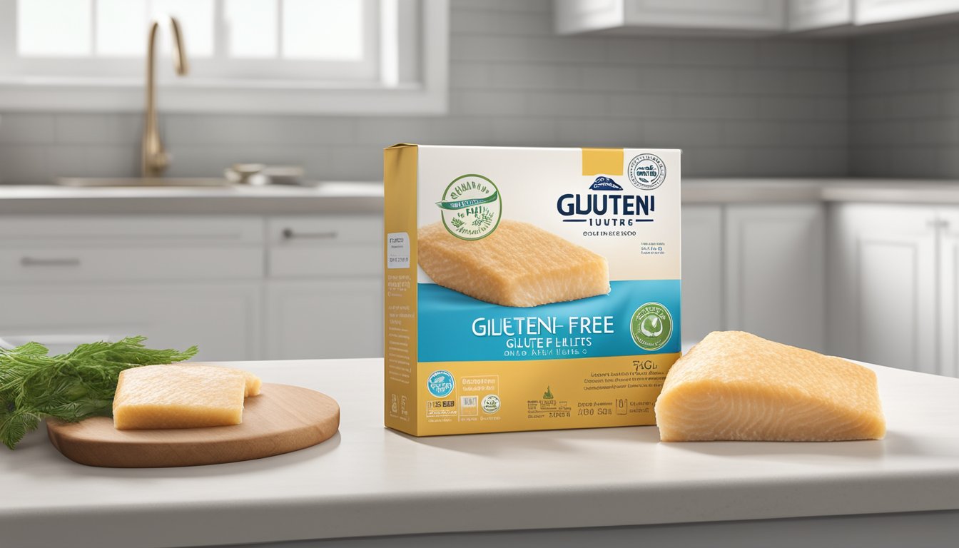 A package of gluten-free cod fillets sits on a clean, white kitchen counter next to a labeled expiration date