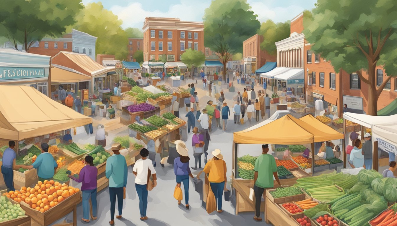 A bustling farmers market with local businesses and farms showcasing fresh produce and goods, surrounded by a vibrant community in Alexandria, VA