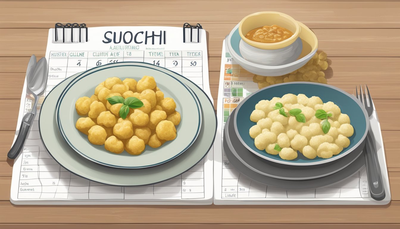 A plate of traditional gnocchi next to a plate of gluten-free cauliflower gnocchi, both covered in sauce, with a calendar showing the passage of time in the background