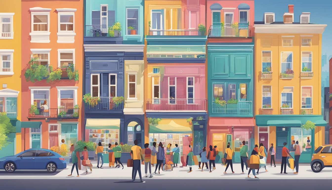 A vibrant local community with a colorful community fridge surrounded by diverse buildings and people interacting