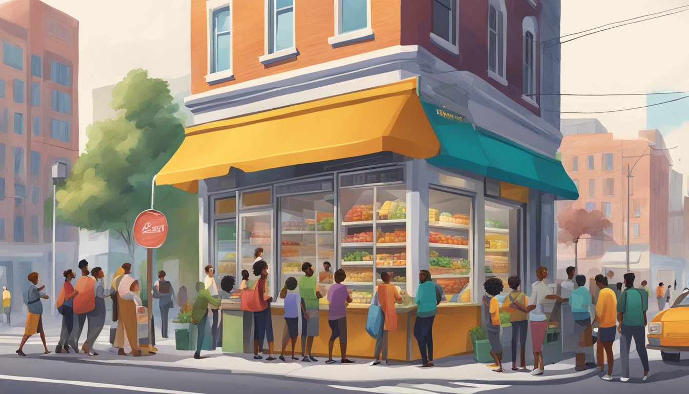 A bustling street corner with a colorful community fridge surrounded by diverse individuals exchanging food and goods