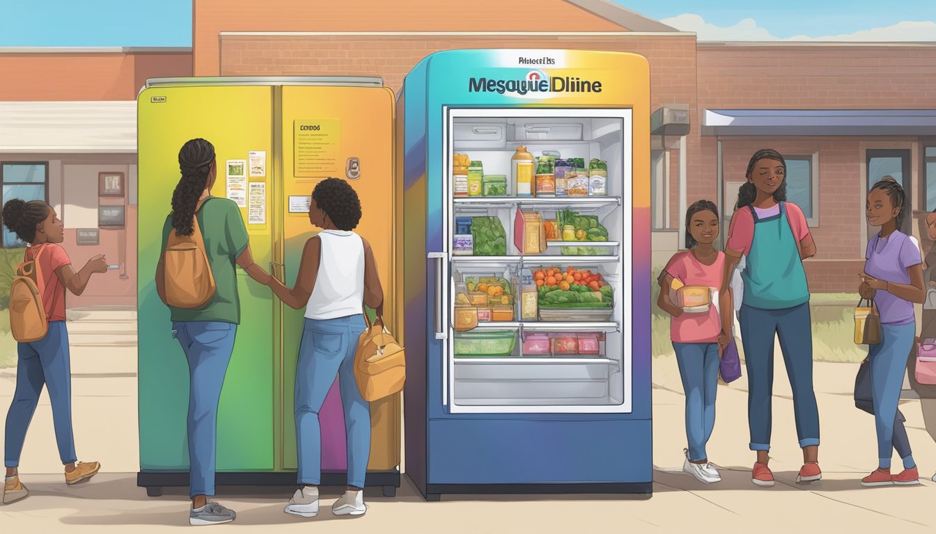 A colorful community fridge in Mesquite, TX, surrounded by people donating and taking food, with a sign listing guidelines and rules