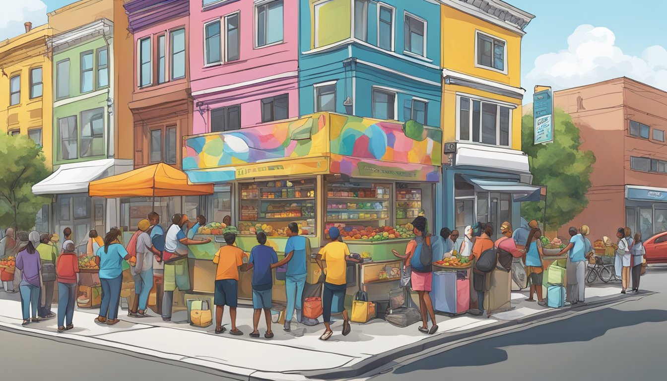 A bustling street corner with a brightly painted community fridge surrounded by people adding and taking food items, with a colorful mural in the background