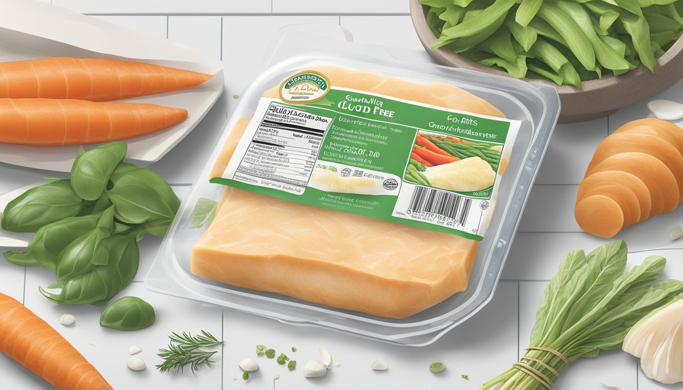 A package of gluten-free cod fillets sits in a refrigerator, surrounded by fresh vegetables and herbs. The label prominently displays the expiration date, indicating the product's longevity