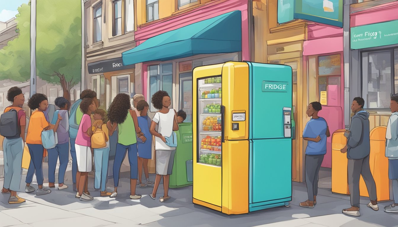 A brightly colored community fridge stands on a bustling street corner, surrounded by a diverse array of people accessing its resources