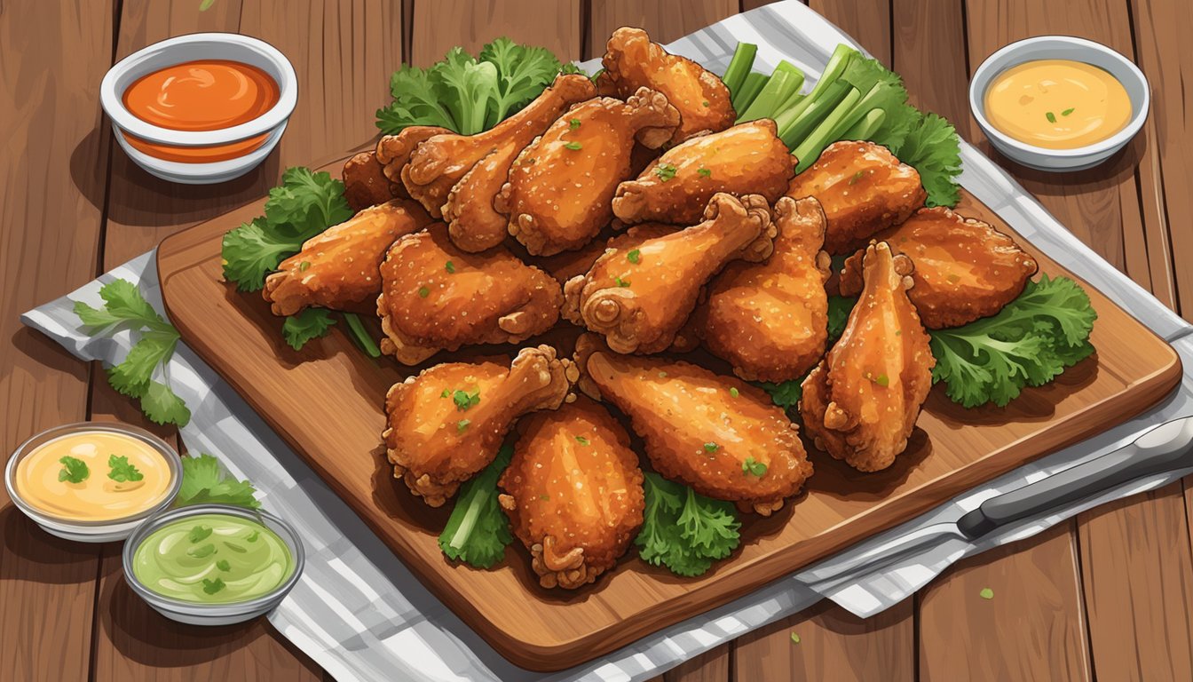 A plate of gluten-free chicken wings on a wooden cutting board, surrounded by fresh vegetables and a small dish of dipping sauce