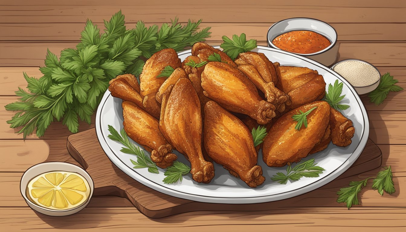 A plate of golden-brown chicken wings sits on a wooden cutting board, surrounded by fresh herbs and spices