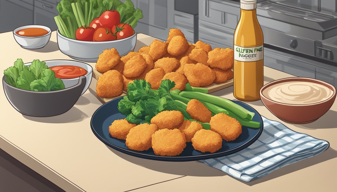 A plate of gluten-free chicken nuggets sits on a kitchen counter, surrounded by fresh vegetables and a bottle of gluten-free dipping sauce