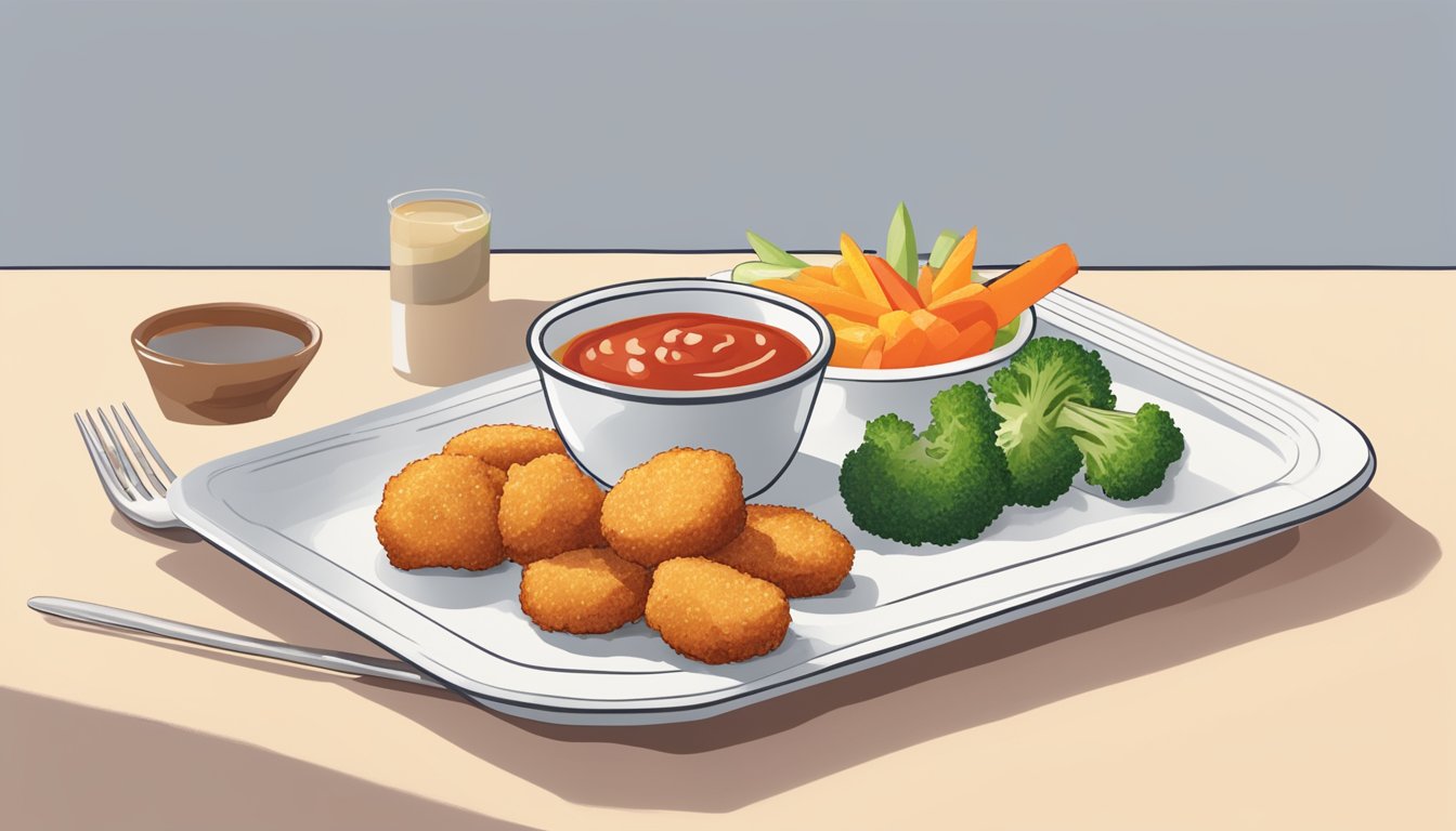 Gluten-free chicken nuggets arranged on a clean, white plate with a side of colorful vegetables and a small bowl of dipping sauce