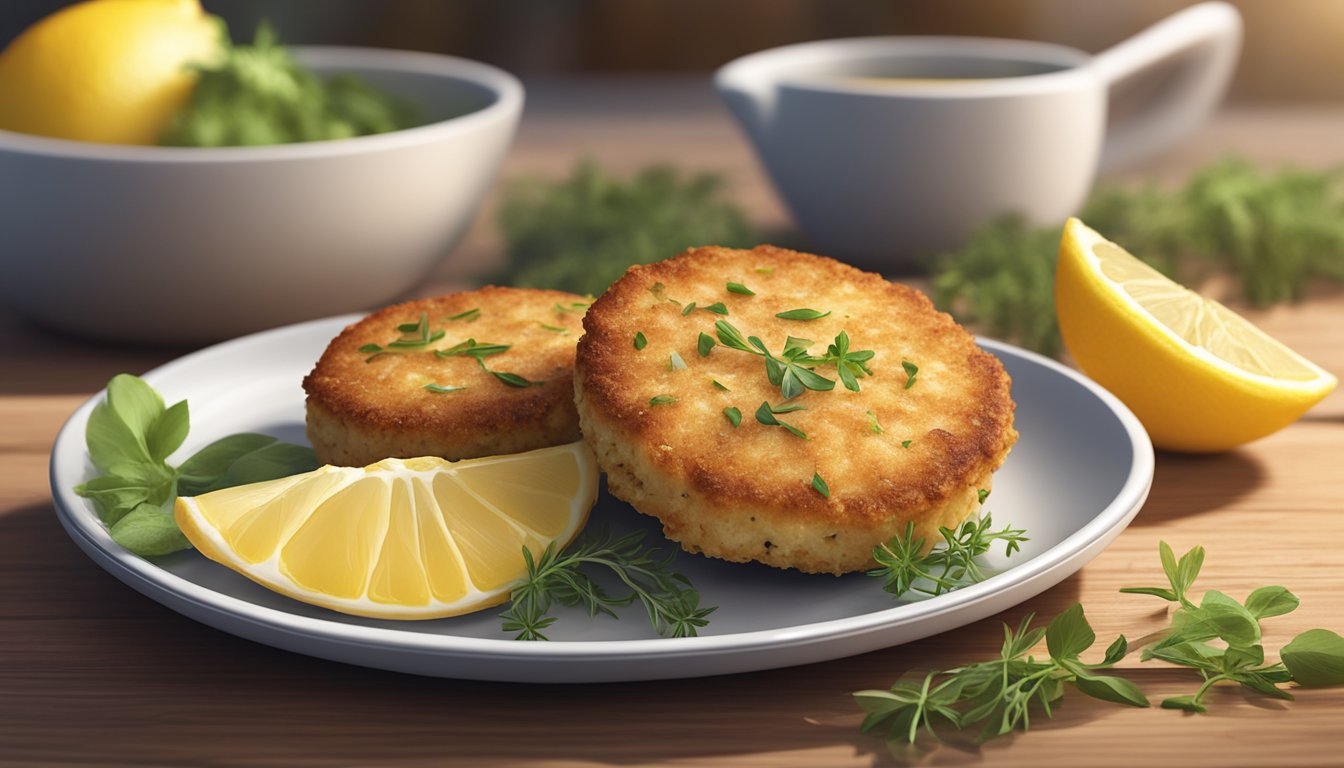 A plate of gluten-free crab cakes sits on a wooden table, surrounded by fresh herbs and lemon wedges. The cakes are golden brown and perfectly seared, with a crispy exterior and moist interior