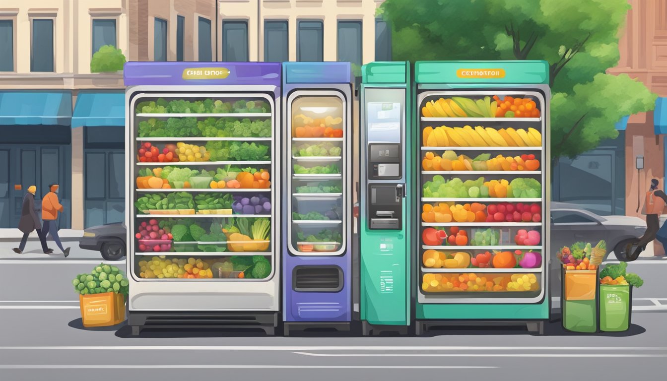 A brightly colored community fridge stands on a bustling street corner, filled with fresh produce and packaged goods. People stop to donate and take what they need