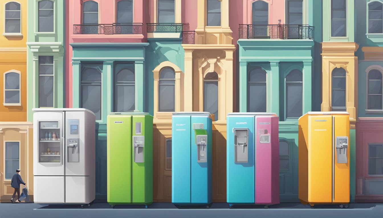 A row of colorful community fridges lined up against a city backdrop, with people coming and going to donate or pick up food