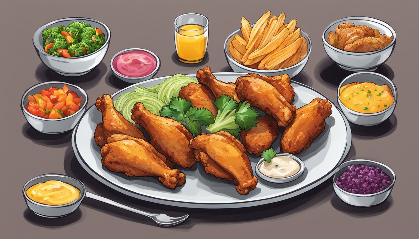 A plate of gluten-free chicken wings surrounded by various side dishes and accompaniments, with colorful garnishes and sauces