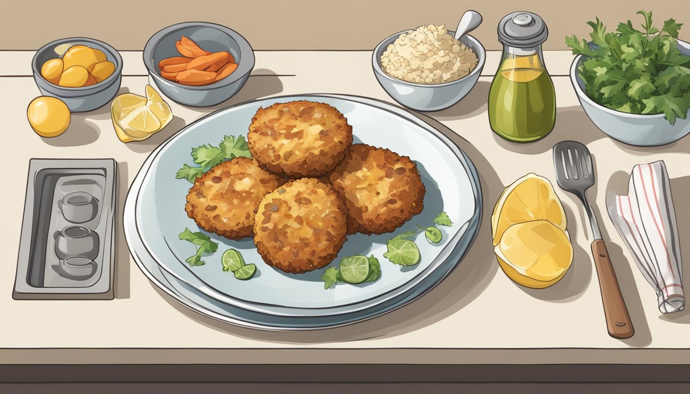 A kitchen counter with a plate of gluten-free crab cakes, surrounded by ingredients and cooking utensils