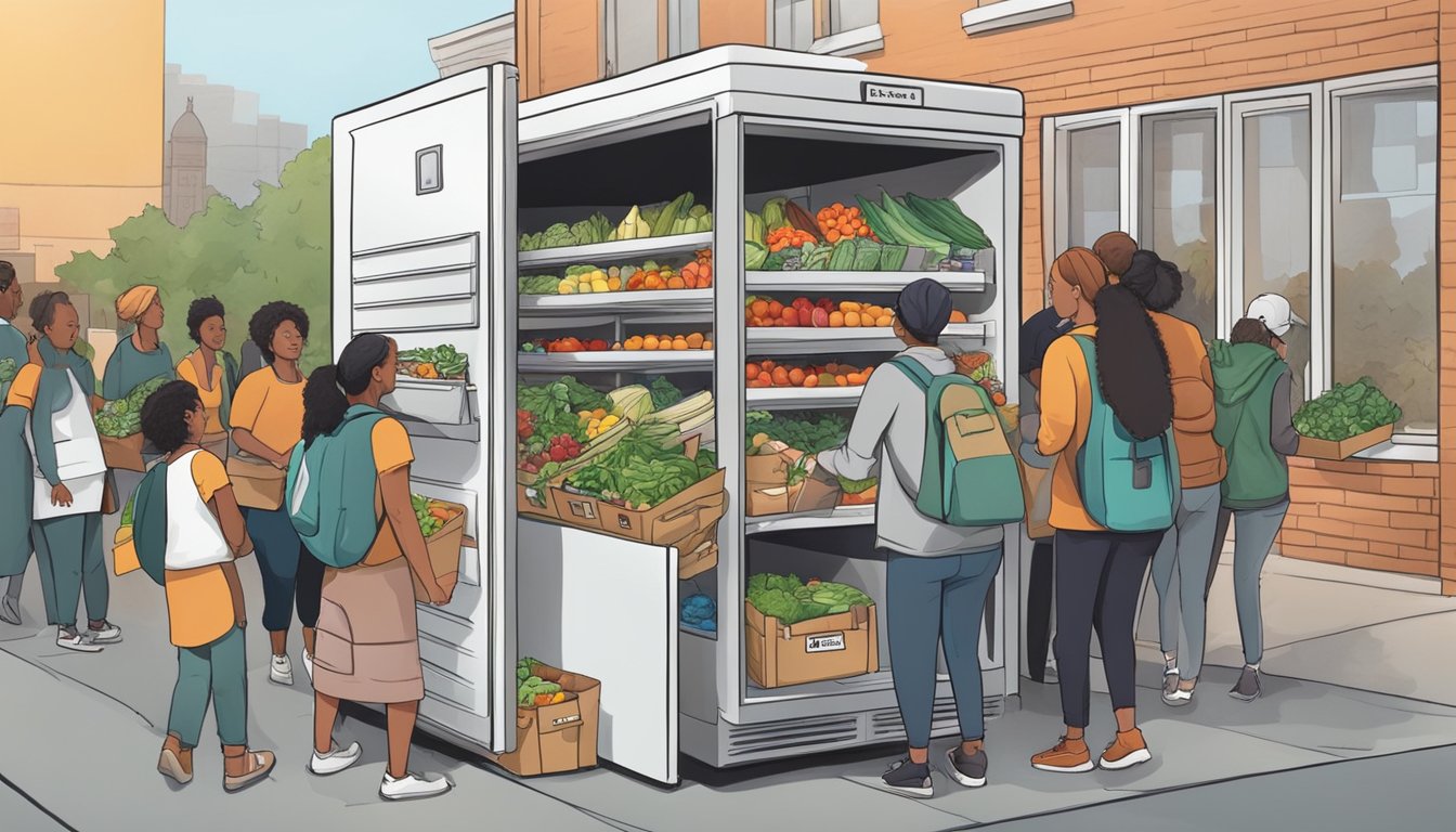 A community fridge filled with fresh produce and food items, surrounded by people dropping off donations and others coming to take what they need