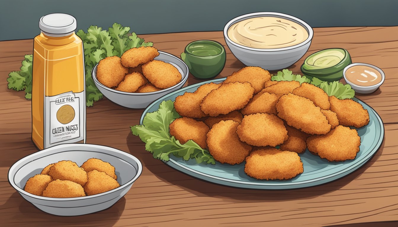 A plate of gluten-free chicken nuggets sits on a kitchen counter, surrounded by fresh vegetables and a bottle of gluten-free dipping sauce