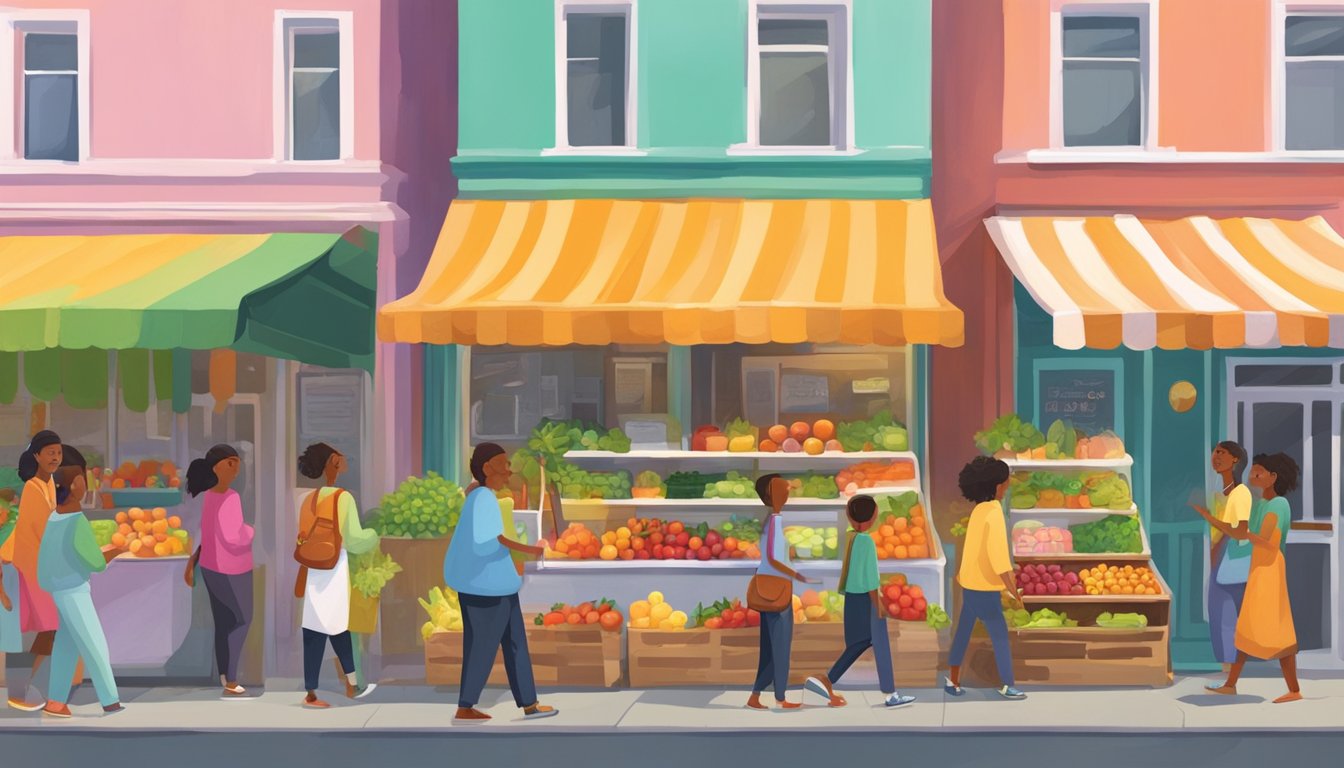 A bustling street corner with a brightly painted refrigerator adorned with fresh produce and food items. People from the community come and go, exchanging goods and sharing conversation