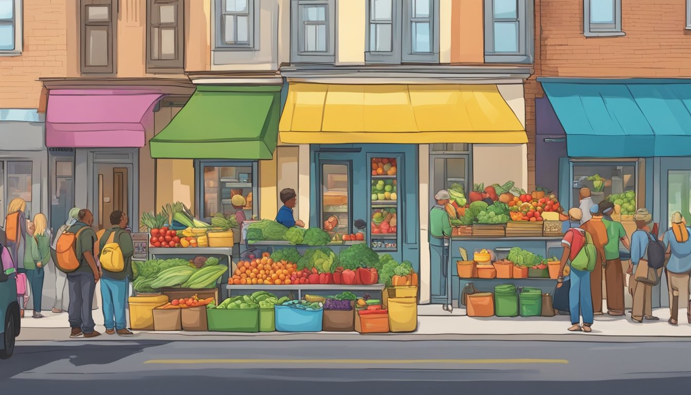 A bustling street corner with a colorful, decorated fridge filled with fresh produce and canned goods. People of all ages and backgrounds approach to donate or take items