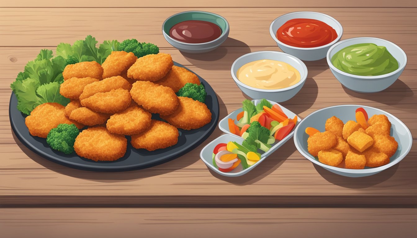 A plate of gluten-free chicken nuggets sits on a wooden table, surrounded by colorful vegetables and a small dish of dipping sauce