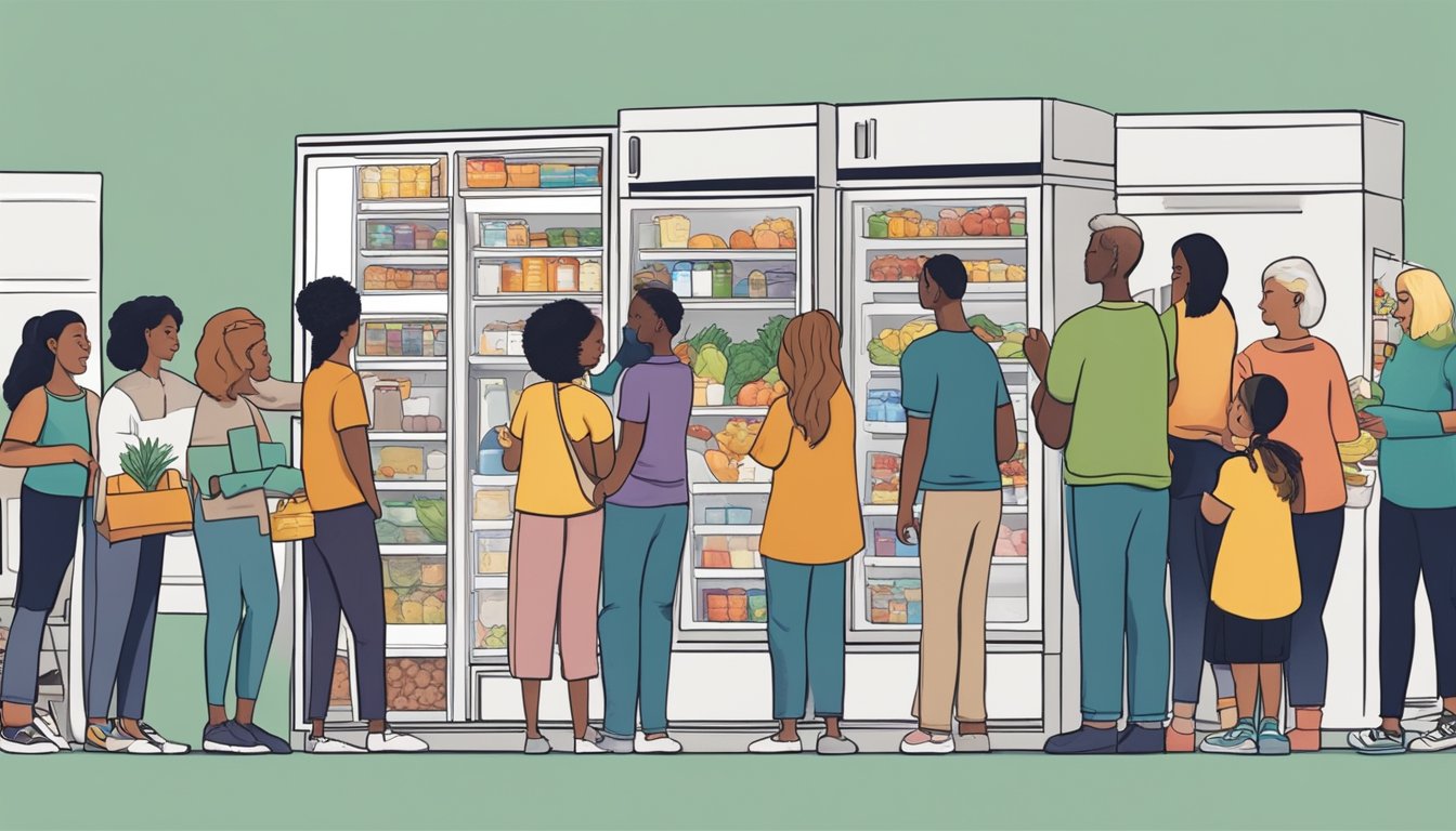 A diverse group of people of different ages, genders, and abilities gather around a community fridge in Bellevue, WA, exchanging and donating food items