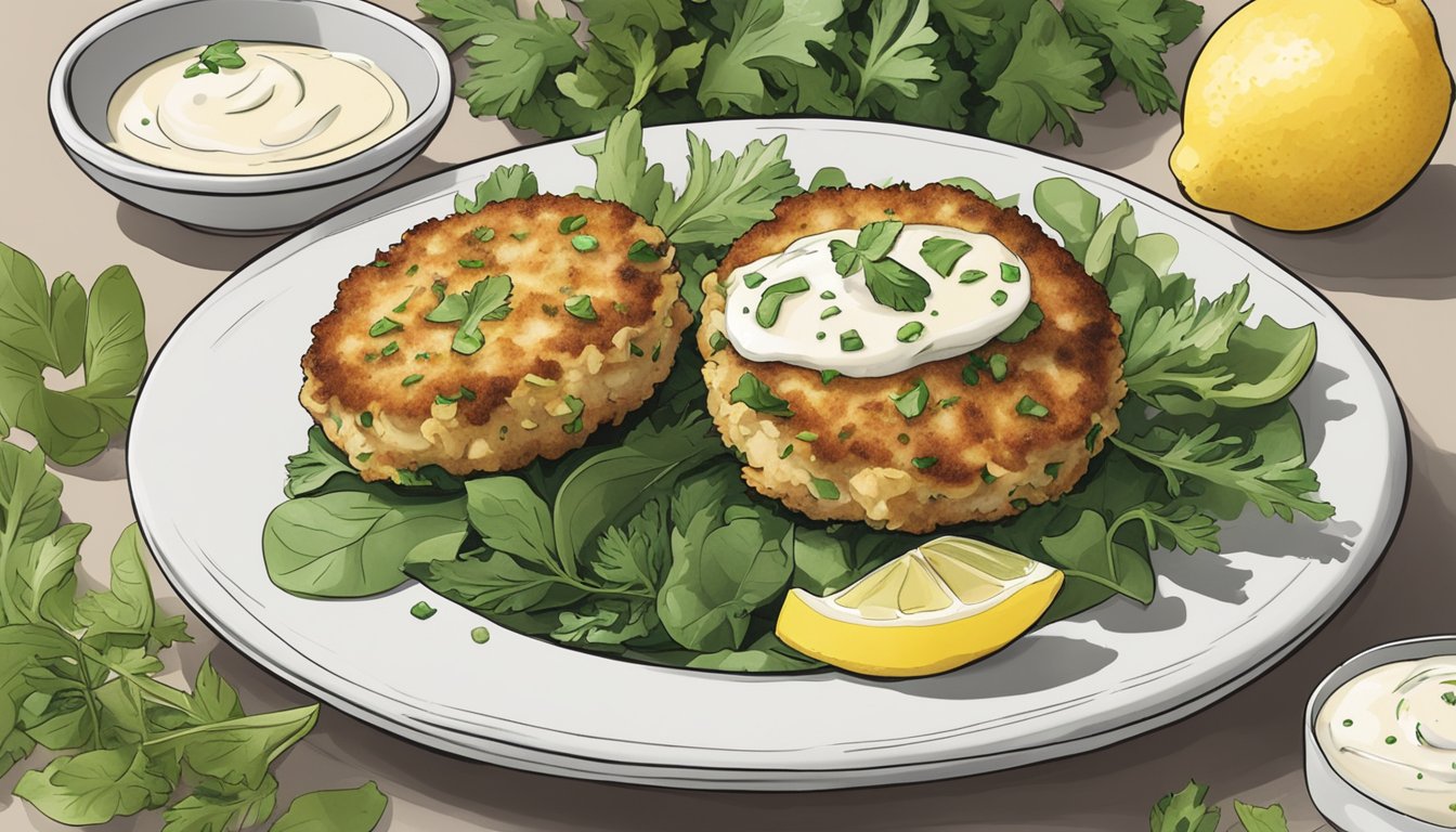 A plate of gluten-free crab cakes surrounded by fresh herbs and lemon slices, with a side of mixed greens and a dollop of aioli