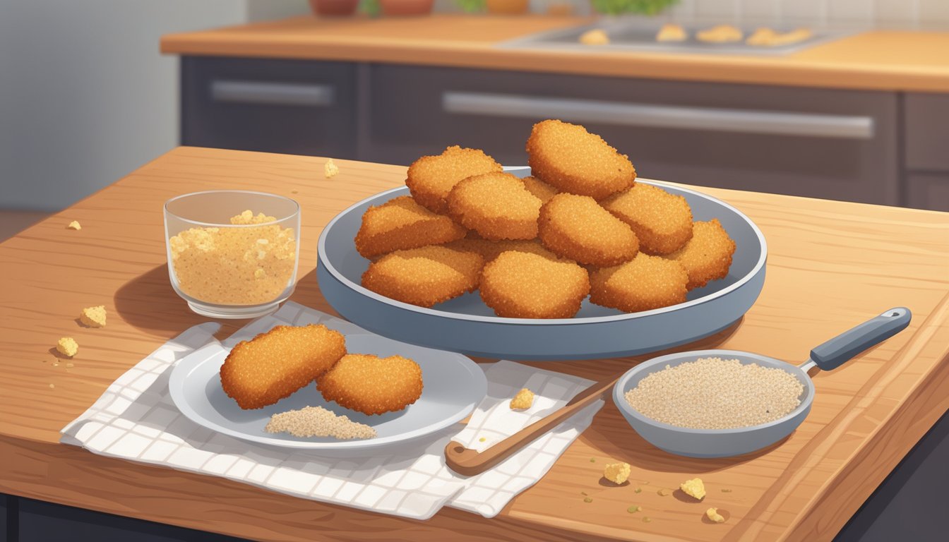 A plate of gluten-free chicken nuggets sits on a wooden cutting board, surrounded by scattered crumbs. A timer on the counter indicates the passage of time