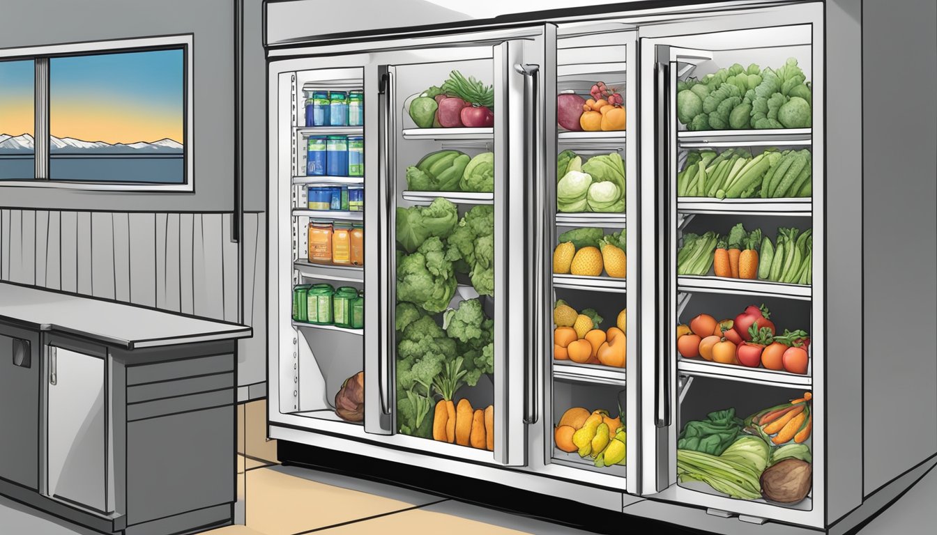 A local community fridge stocked with fresh produce and labeled with safety and health guidelines in Bellevue, WA