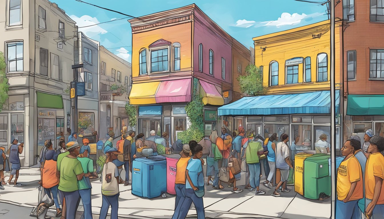 A bustling street corner with a colorful, graffiti-covered community fridge surrounded by volunteers and locals in Newport News, VA