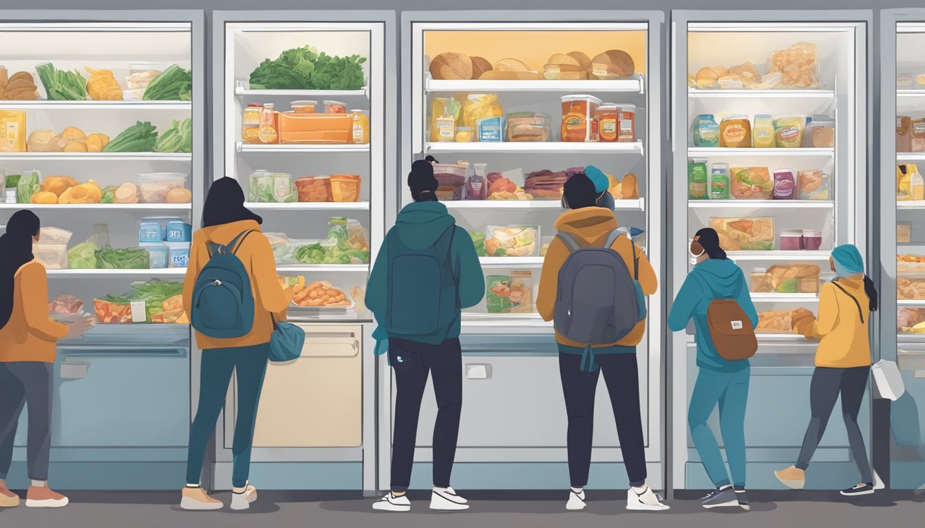 A bustling local community fridge surrounded by diverse individuals in Bellevue, WA, with people donating and taking food, all wearing masks