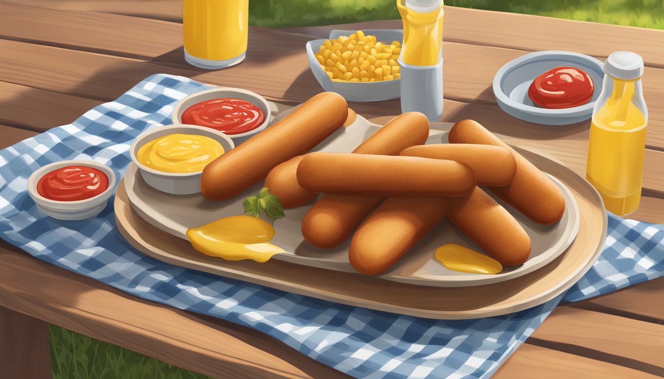 A plate of gluten-free corn dogs on a picnic table, with a side of mustard and ketchup, surrounded by a summery outdoor setting