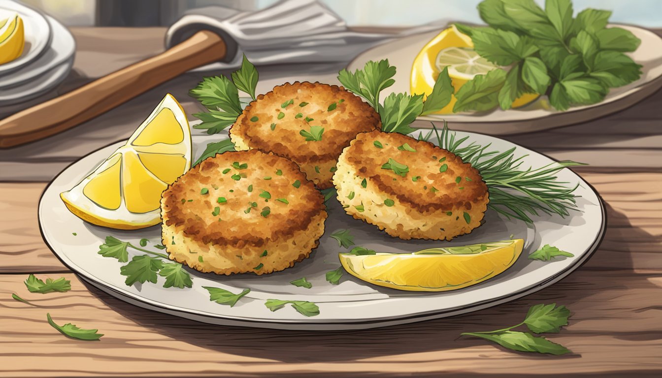 A plate of gluten-free crab cakes sits on a wooden table, surrounded by fresh herbs and lemon wedges. The cakes are golden brown and crispy, with a moist interior