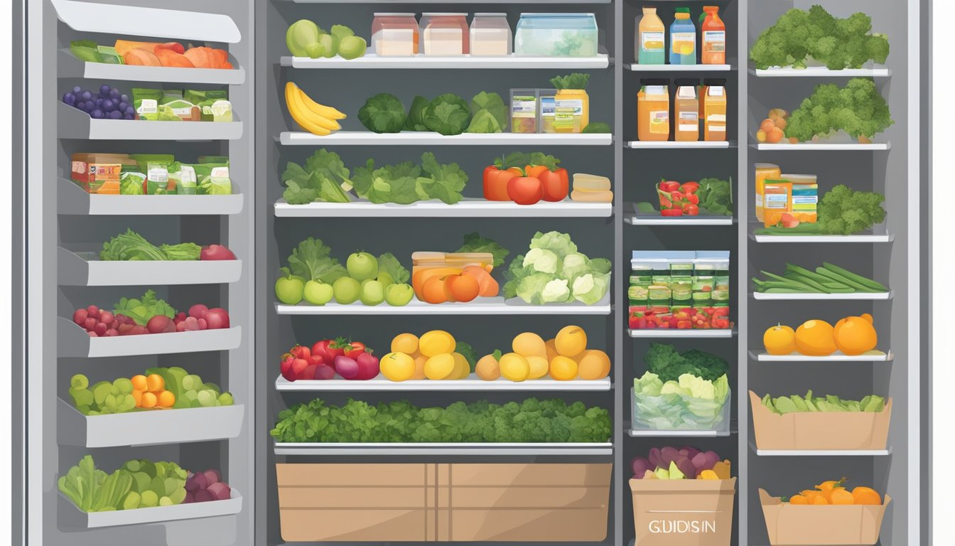 A clean and organized community fridge in Newport News, VA, stocked with fresh produce and labeled with food safety guidelines