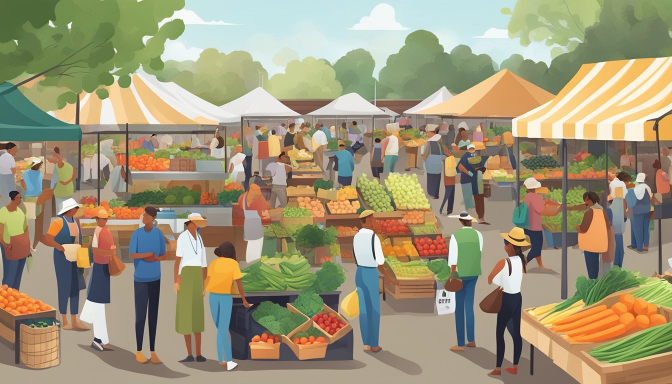 A bustling farmers market with diverse vendors and customers browsing fresh produce and local goods