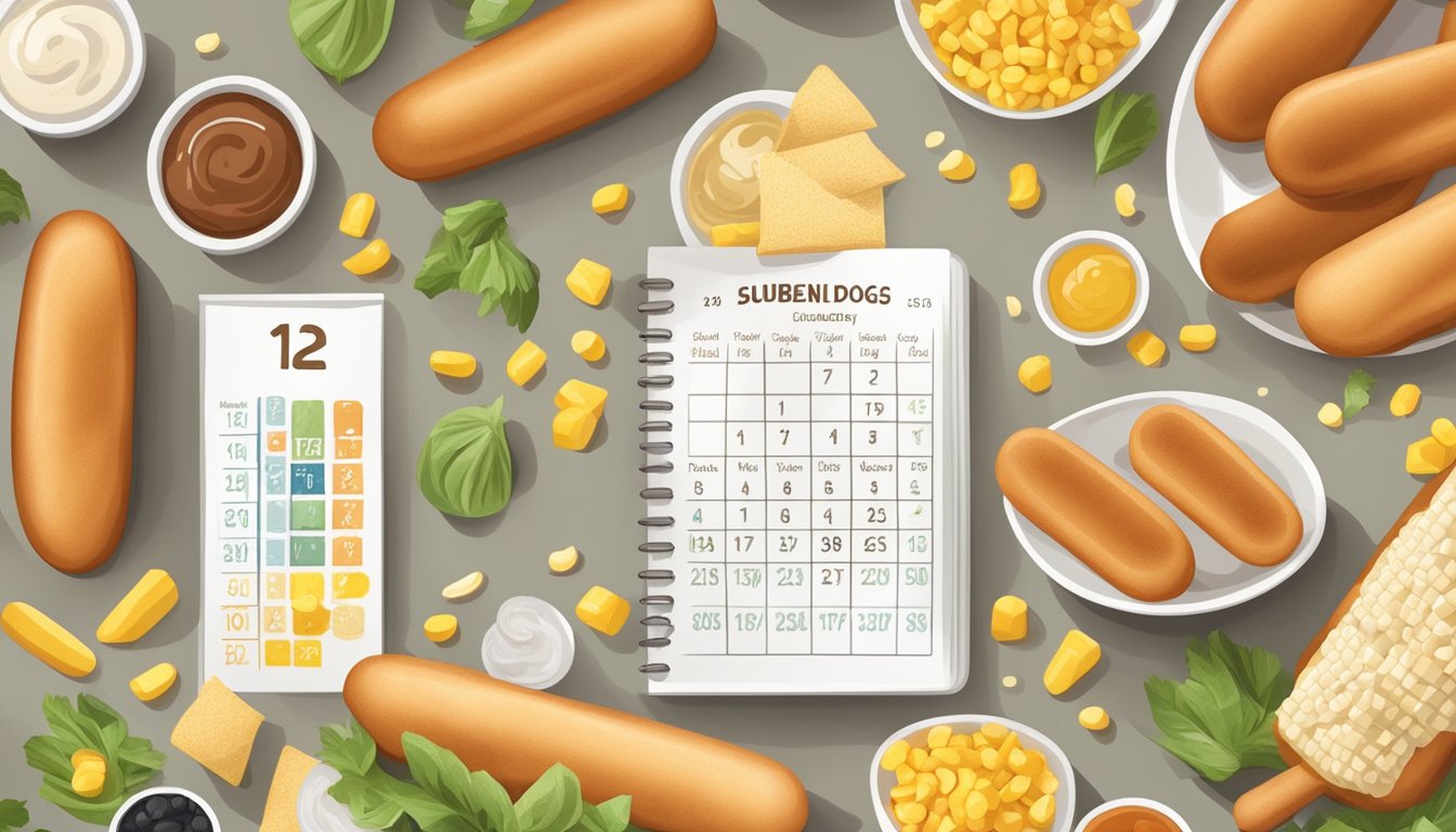 A plate of gluten-free corn dogs surrounded by various ingredients and substitutes, with a calendar showing the expiration date