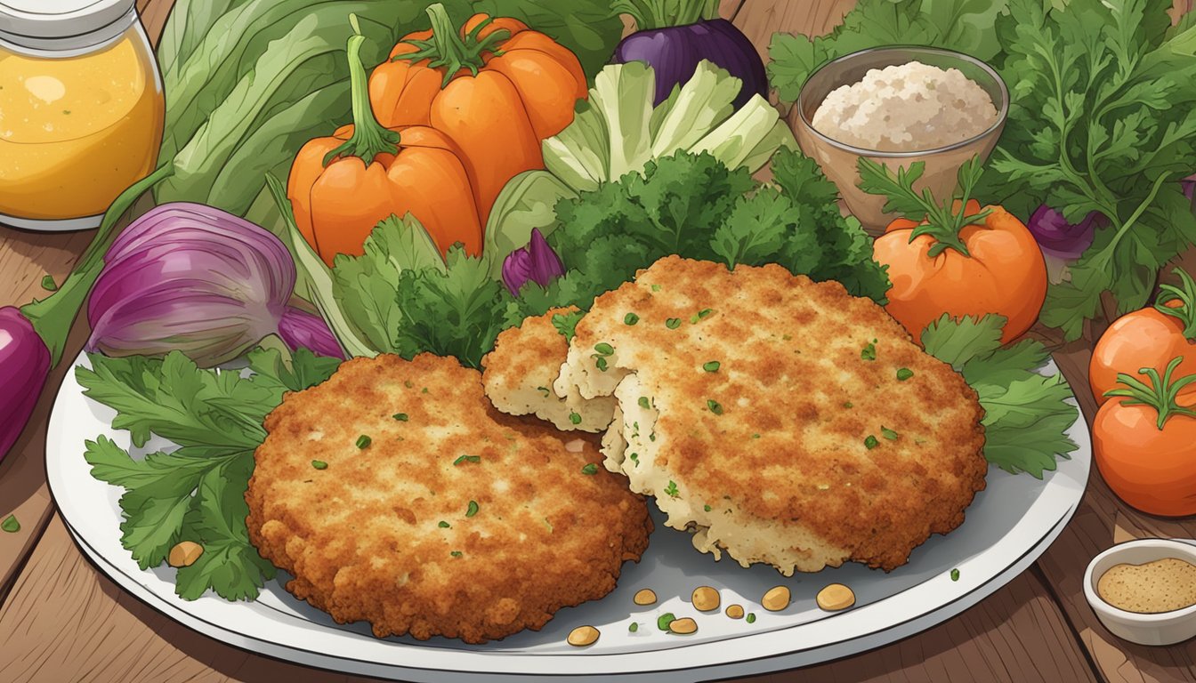 A plate of gluten-free crab cakes sits on a wooden table, surrounded by colorful vegetables and herbs. A few crumbs are scattered around the plate