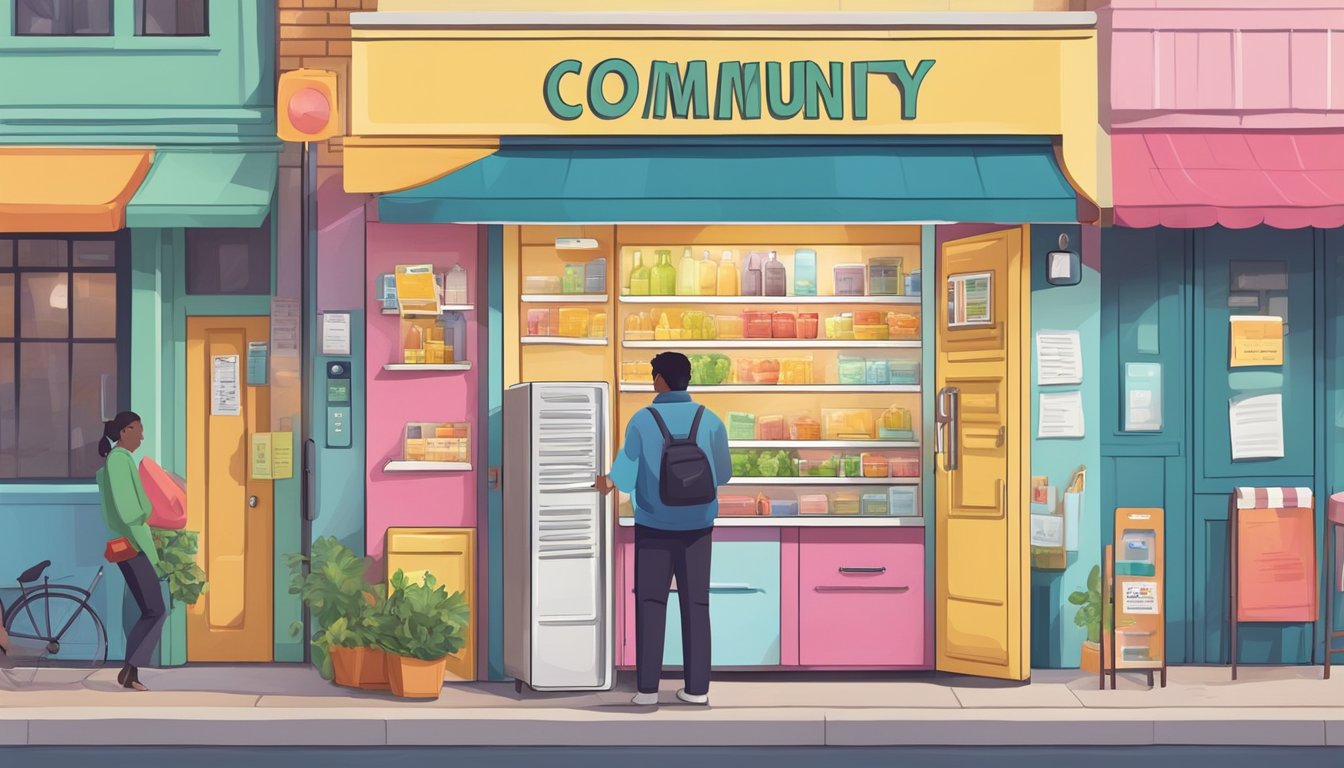 A colorful community fridge nestled among local shops with legal documents and supportive community members nearby