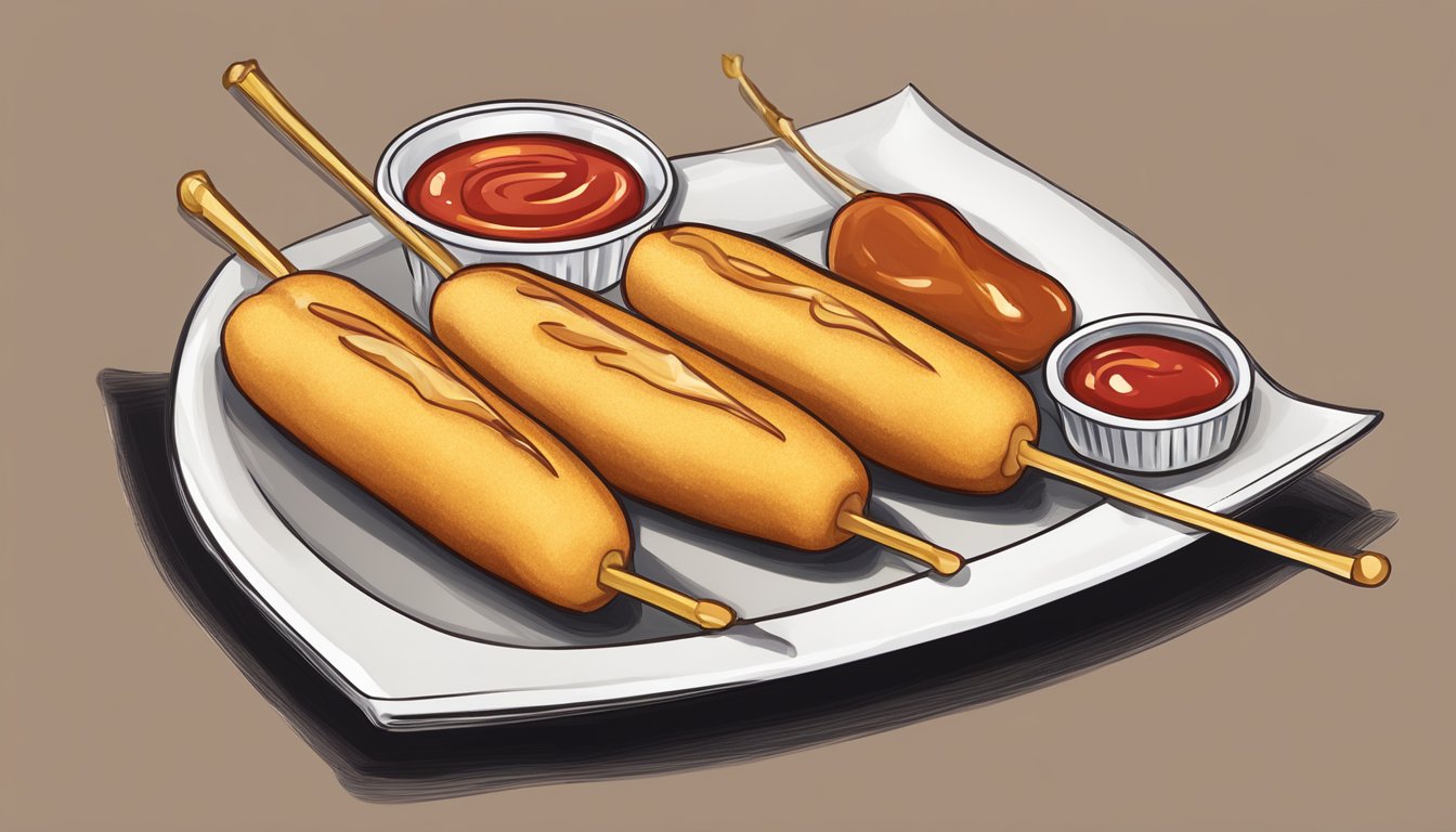 A plate of golden gluten-free corn dogs, fresh out of the fryer, with a side of ketchup for dipping