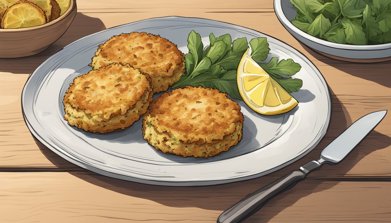 A plate of gluten-free crab cakes sits on a wooden table, surrounded by fresh herbs and a lemon wedge. The golden brown cakes are perfectly crispy on the outside and moist on the inside