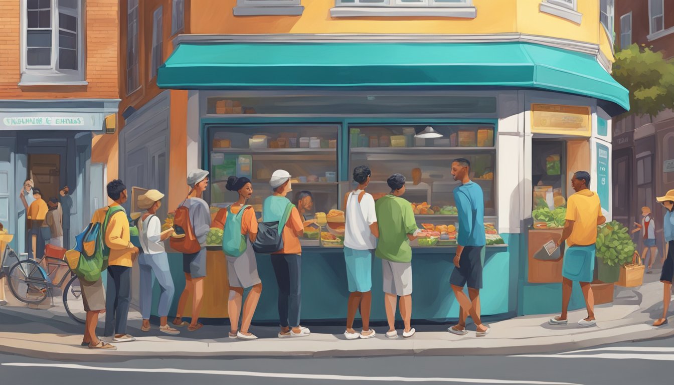 A bustling street corner with a brightly painted community fridge surrounded by smiling locals exchanging food and stories