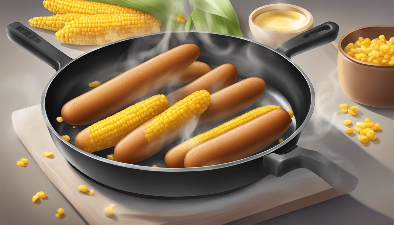 A sizzling skillet cooks gluten-free corn dogs, steam rising