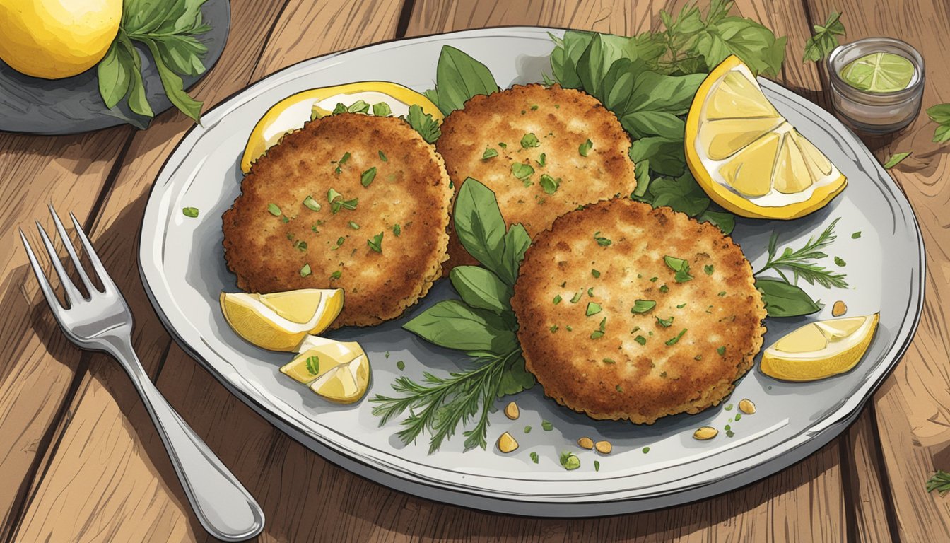 A plate of gluten-free crab cakes sits on a rustic wooden table, surrounded by fresh herbs and lemon wedges. The cakes are golden brown and lightly crispy, with a hint of steam rising from their surface