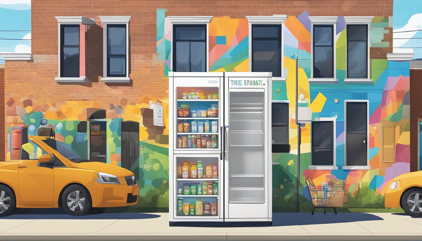 A community fridge stands against a colorful mural in Newport News, VA, surrounded by flyers and resources for local residents