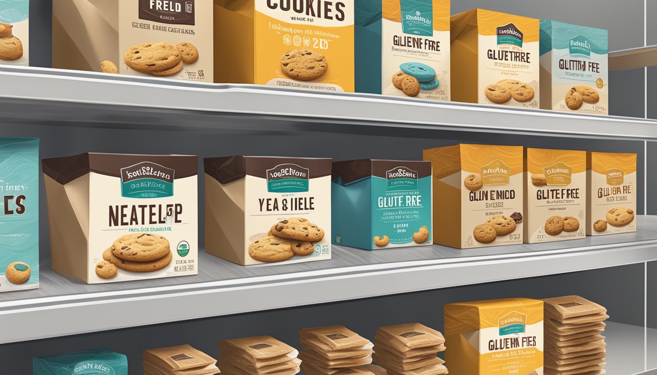 A shelf with neatly arranged gluten free cookies in a variety of packaging, including boxes and resealable bags, with expiration dates clearly visible