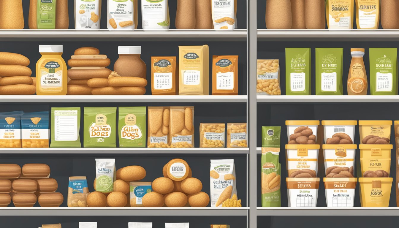 A pantry with neatly organized shelves of gluten-free corn dogs in their packaging, with a calendar on the wall marking the expiration date